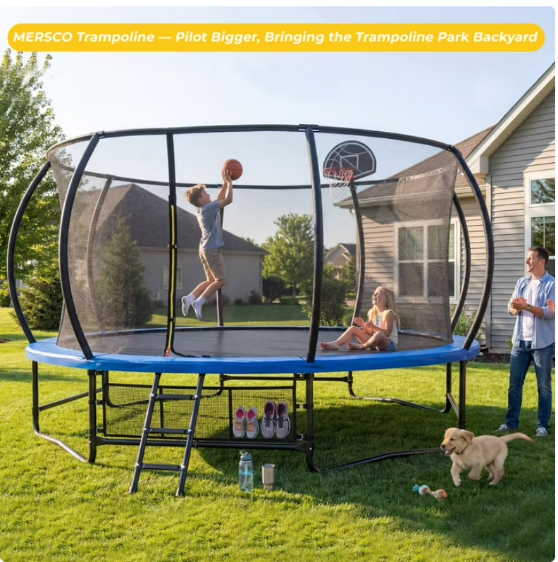 Mersco 14ft Trampoline for Kids and Adults, Pumpkin Outdoor Trampoline with Basketball Hoop,Enclosure Net and Storage Bag, Jumping Trampoline SPACE for Boys and Girls Birthday Gift,Blue
