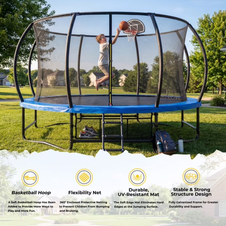 Mersco 14ft Trampoline for Kids and Adults, Pumpkin Outdoor Trampoline with Basketball Hoop,Enclosure Net and Storage Bag, Jumping Trampoline SPACE for Boys and Girls Birthday Gift,Blue