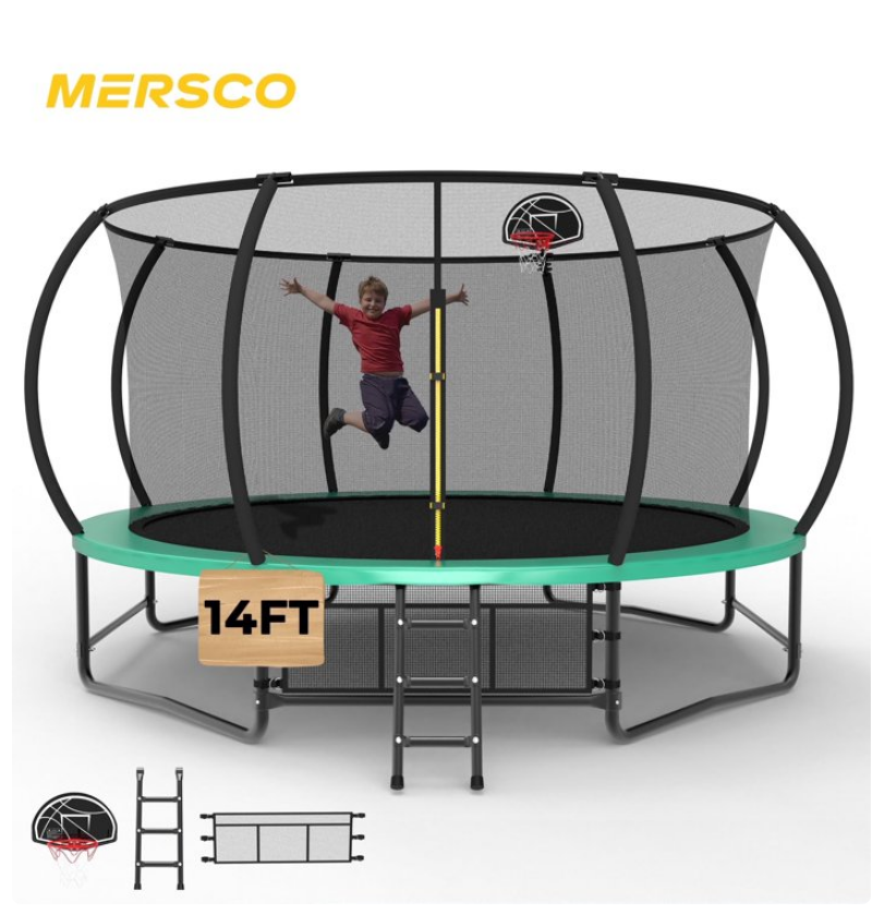 Mersco 14ft Trampoline for Kids and Adults, Pumpkin Outdoor Trampoline with Basketball Hoop,Enclosure Net and Storage Bag, Trampoline SPACE for Boys and Girls Birthday Gifts,Green