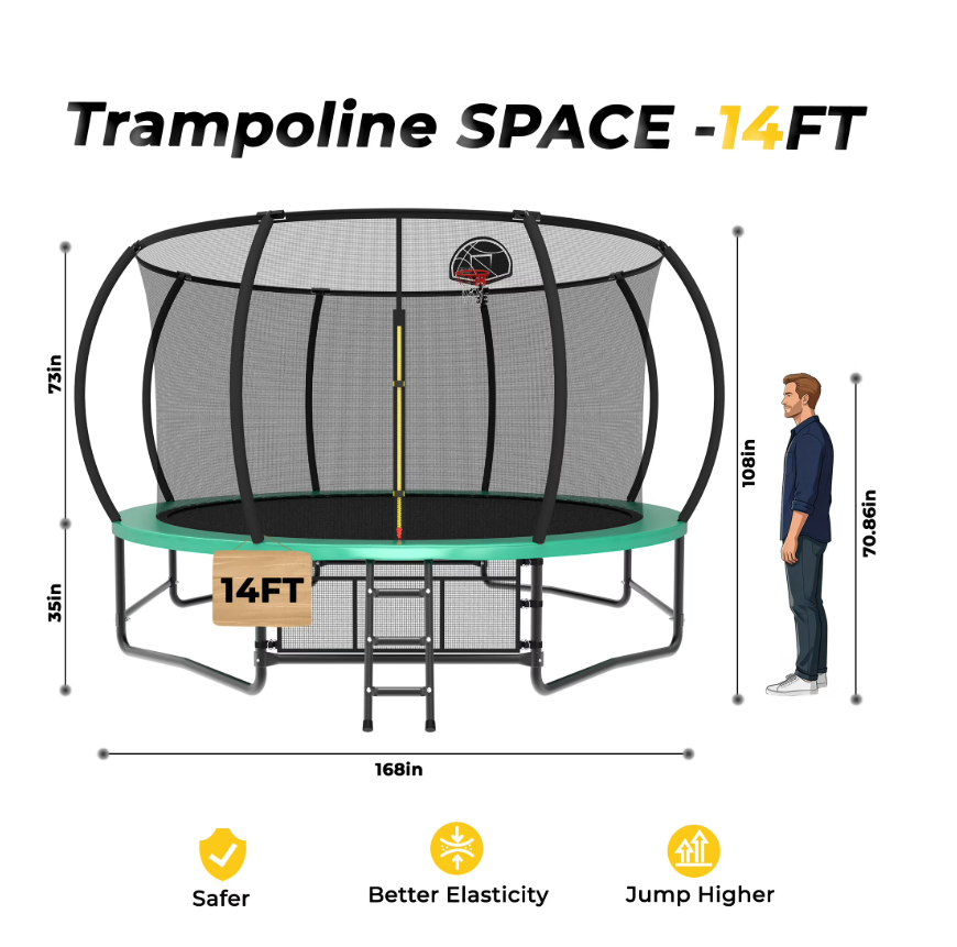 Mersco 14ft Trampoline for Kids and Adults, Pumpkin Outdoor Trampoline with Basketball Hoop,Enclosure Net and Storage Bag, Trampoline SPACE for Boys and Girls Birthday Gifts,Green