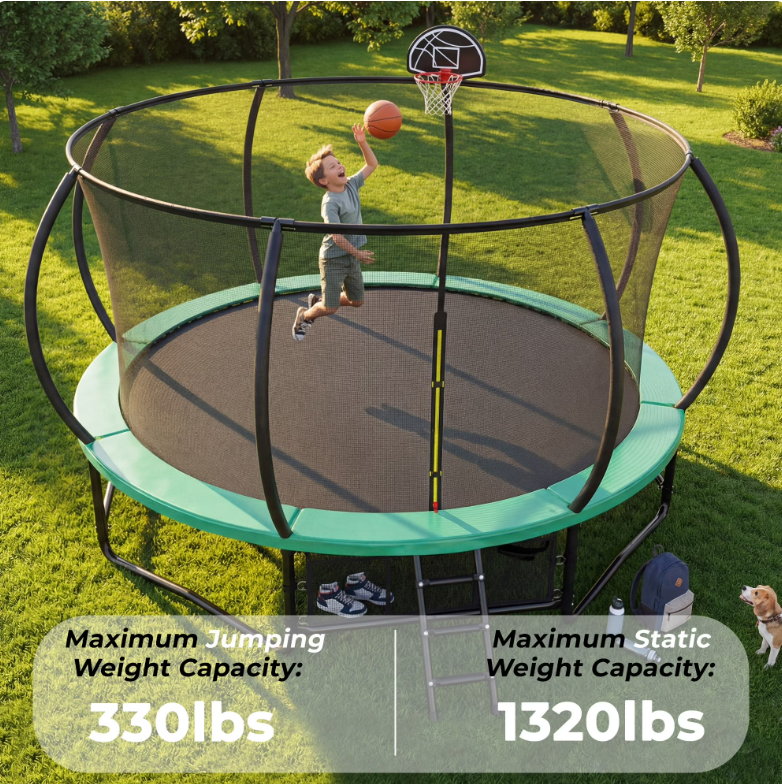 Mersco 14ft Trampoline for Kids and Adults, Pumpkin Outdoor Trampoline with Basketball Hoop,Enclosure Net and Storage Bag, Trampoline SPACE for Boys and Girls Birthday Gifts,Green