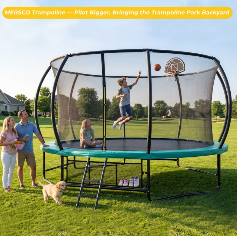Mersco 14ft Trampoline for Kids and Adults, Pumpkin Outdoor Trampoline with Basketball Hoop,Enclosure Net and Storage Bag, Trampoline SPACE for Boys and Girls Birthday Gifts,Green