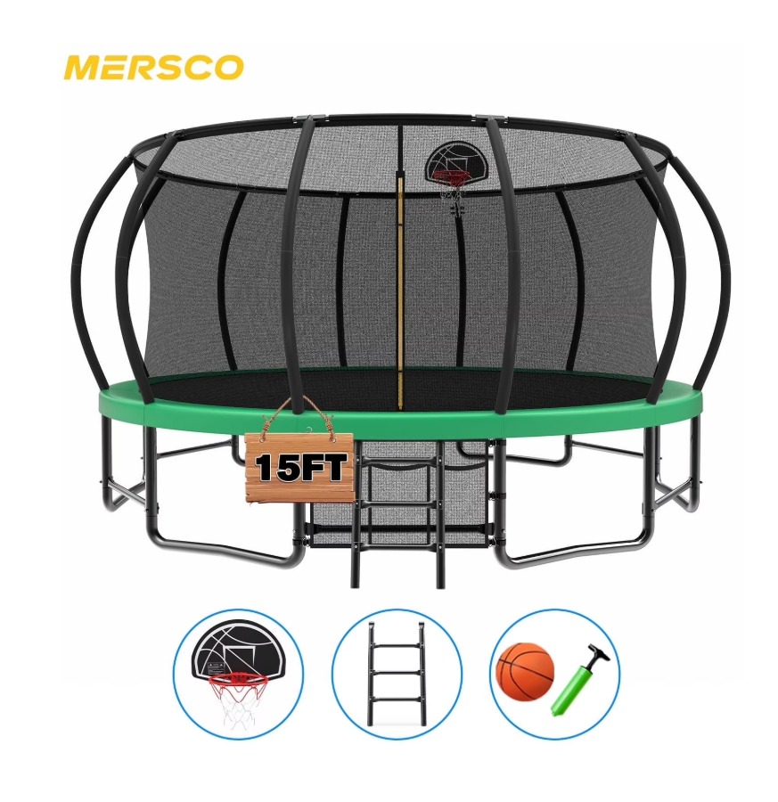 Mersco 15ft Trampoline for Kids Adults,Outdoor Pumpkin Trampoline with Basketball Hoop,Enclosure Net,Jumping Trampoline SPACE for Boys and Girls Birthday and Festival Gifts,Green