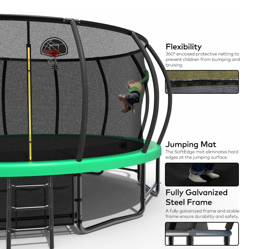 Mersco 15ft Trampoline for Kids Adults,Outdoor Pumpkin Trampoline with Basketball Hoop,Enclosure Net,Jumping Trampoline SPACE for Boys and Girls Birthday and Festival Gifts,Green