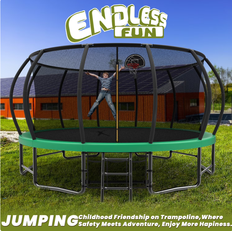 Mersco 15ft Trampoline for Kids Adults,Outdoor Pumpkin Trampoline with Basketball Hoop,Enclosure Net,Jumping Trampoline SPACE for Boys and Girls Birthday and Festival Gifts,Green
