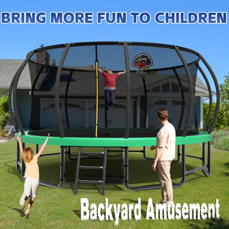 Mersco 15ft Trampoline for Kids Adults,Outdoor Pumpkin Trampoline with Basketball Hoop,Enclosure Net,Jumping Trampoline SPACE for Boys and Girls Birthday and Festival Gifts,Green