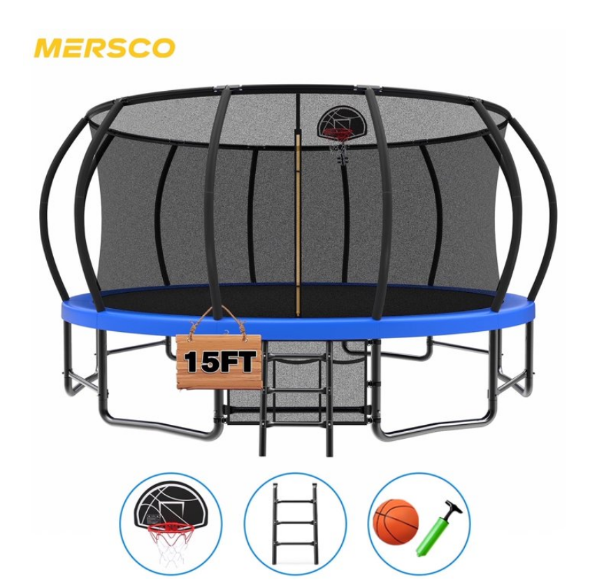 Mersco 15ft Trampoline for Kids,Outdoor Pumpkin Trampolines with Basketball Hoop,Enclosure,Storage Bag and Balance Bar,Jumping Trampoline SPACE for Boys and Girls Brithday and Festival Gifts,Blue