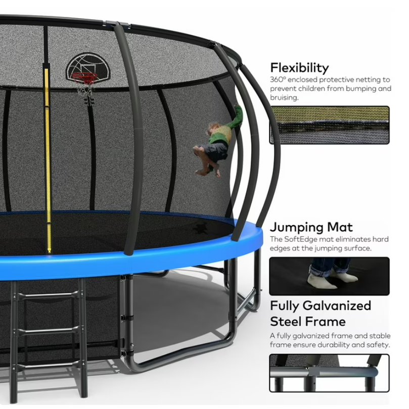 Mersco 15ft Trampoline for Kids,Outdoor Pumpkin Trampolines with Basketball Hoop,Enclosure,Storage Bag and Balance Bar,Jumping Trampoline SPACE for Boys and Girls Brithday and Festival Gifts,Blue
