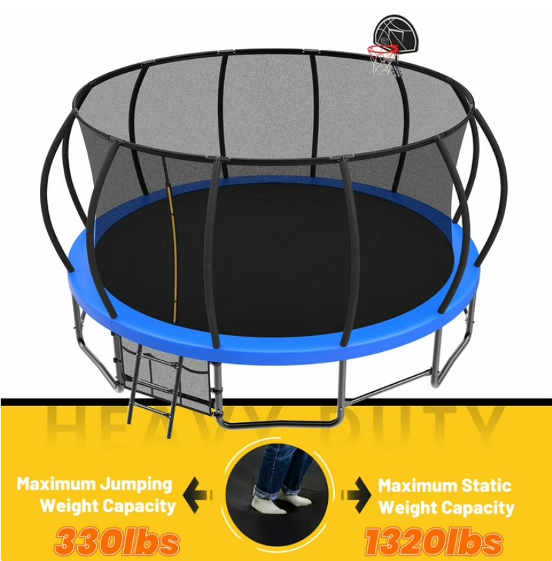 Mersco 15ft Trampoline for Kids,Outdoor Pumpkin Trampolines with Basketball Hoop,Enclosure,Storage Bag and Balance Bar,Jumping Trampoline SPACE for Boys and Girls Brithday and Festival Gifts,Blue