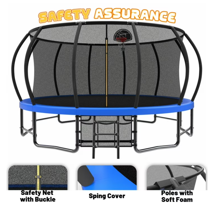 Mersco 15ft Trampoline for Kids,Outdoor Pumpkin Trampolines with Basketball Hoop,Enclosure,Storage Bag and Balance Bar,Jumping Trampoline SPACE for Boys and Girls Brithday and Festival Gifts,Blue
