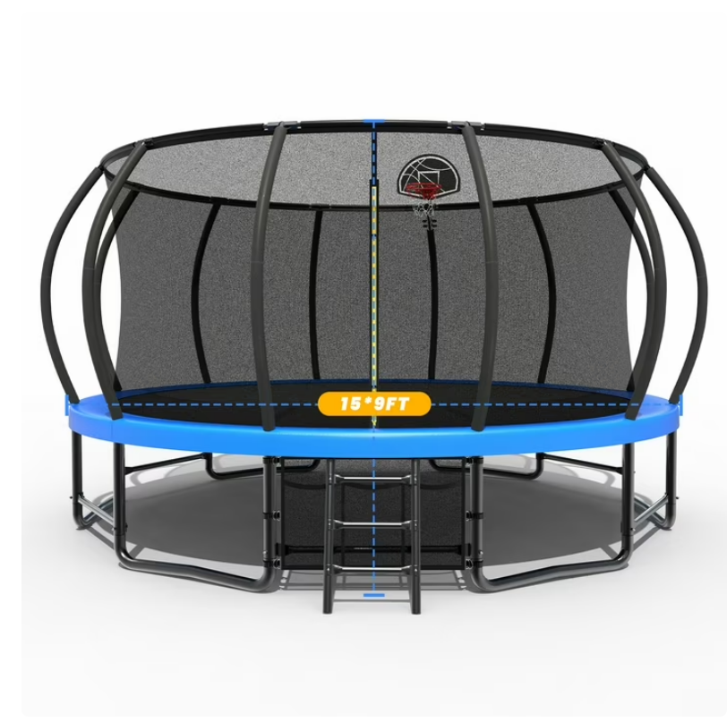 Mersco 15ft Trampoline for Kids,Outdoor Pumpkin Trampolines with Basketball Hoop,Enclosure,Storage Bag and Balance Bar,Jumping Trampoline SPACE for Boys and Girls Brithday and Festival Gifts,Blue