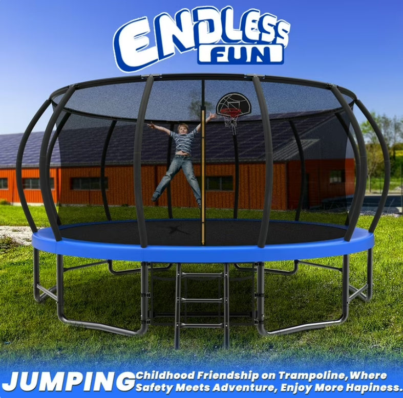 Mersco 15ft Trampoline for Kids,Outdoor Pumpkin Trampolines with Basketball Hoop,Enclosure,Storage Bag and Balance Bar,Jumping Trampoline SPACE for Boys and Girls Brithday and Festival Gifts,Blue