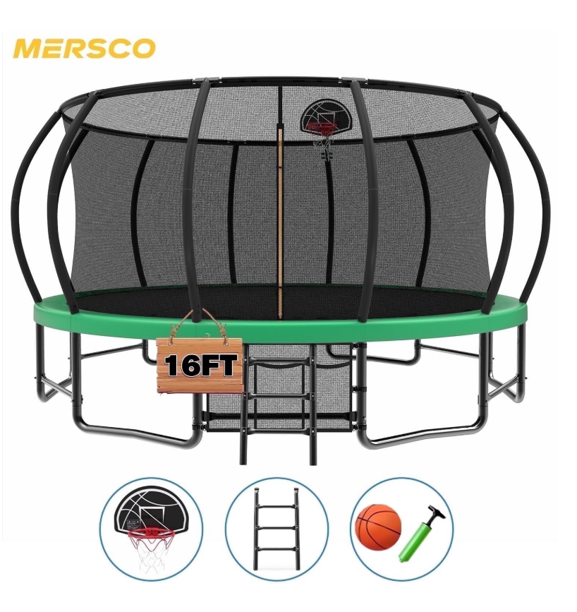 Mersco 16ft Trampoline for Kids Adults ,Outdoor Trampoline with Basketball Hoop and Enclosure Net,Jumping Trampoline SPACE for Boys and Girls Birthday and Festival Gifts,Green