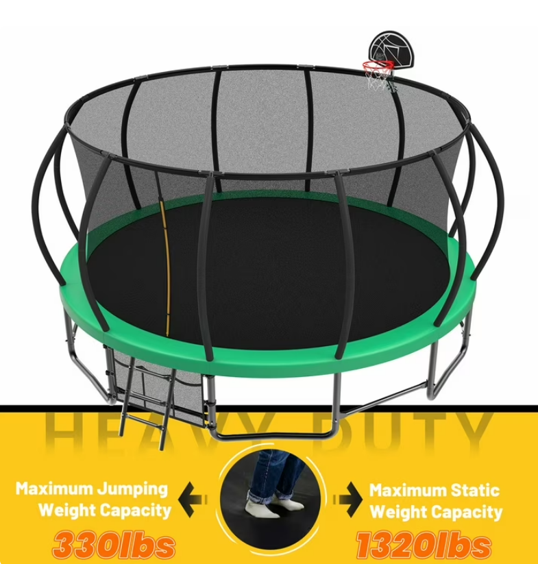 Mersco 16ft Trampoline for Kids Adults ,Outdoor Trampoline with Basketball Hoop and Enclosure Net,Jumping Trampoline SPACE for Boys and Girls Birthday and Festival Gifts,Green