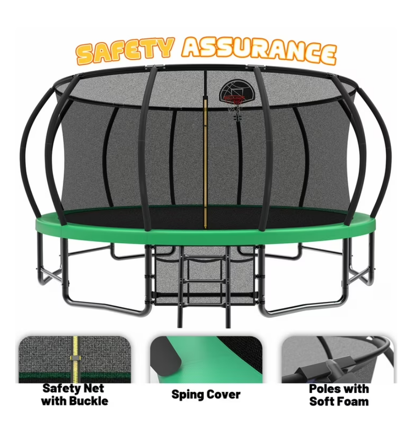 Mersco 16ft Trampoline for Kids Adults ,Outdoor Trampoline with Basketball Hoop and Enclosure Net,Jumping Trampoline SPACE for Boys and Girls Birthday and Festival Gifts,Green