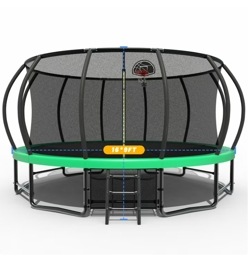 Mersco 16ft Trampoline for Kids Adults ,Outdoor Trampoline with Basketball Hoop and Enclosure Net,Jumping Trampoline SPACE for Boys and Girls Birthday and Festival Gifts,Green