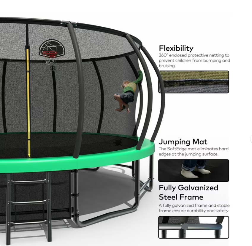 Mersco 16ft Trampoline for Kids Adults ,Outdoor Trampoline with Basketball Hoop and Enclosure Net,Jumping Trampoline SPACE for Boys and Girls Birthday and Festival Gifts,Green