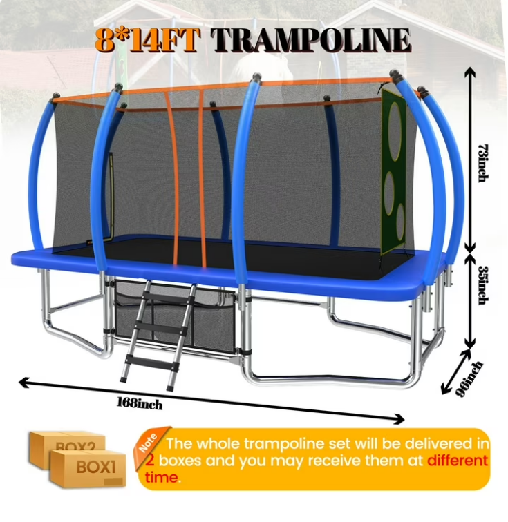Mersco 8x14ft Large Rectangle Trampoline for Kids and Adults,Big Outdoor Trampoline with Enclosure Net,Storage Bag, Jumping Trampoline MAX for Boys and Girls Birthday and Festival Gift,Blue