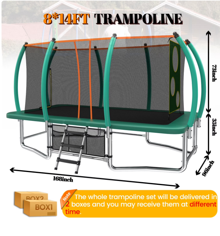 Mersco 8x14ft Large Rectangle Trampoline MAX for Kids,Big Outdoor Trampoline with Enclosure Net,Football Net and Storage Bag,Birthday Party Gifts,Green