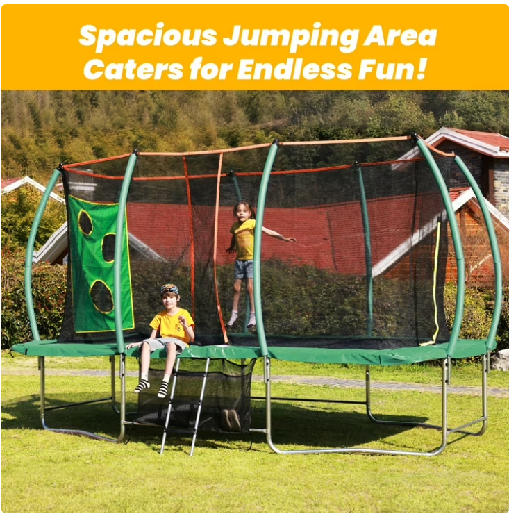 Mersco 8x14ft Large Rectangle Trampoline MAX for Kids,Big Outdoor Trampoline with Enclosure Net,Football Net and Storage Bag,Birthday Party Gifts,Green