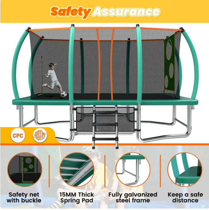 Mersco 8x14ft Large Rectangle Trampoline MAX for Kids,Big Outdoor Trampoline with Enclosure Net,Football Net and Storage Bag,Birthday Party Gifts,Green