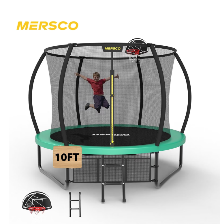 Mersco 10ft Pumpkin Trampoline for Kids , Pumpkin Shape Outdoor Trampoline with Basketball Hoop, Enclosure Net ,Ladder ,Jumping Trampoline SPACE for Backyard and Home Play,Green