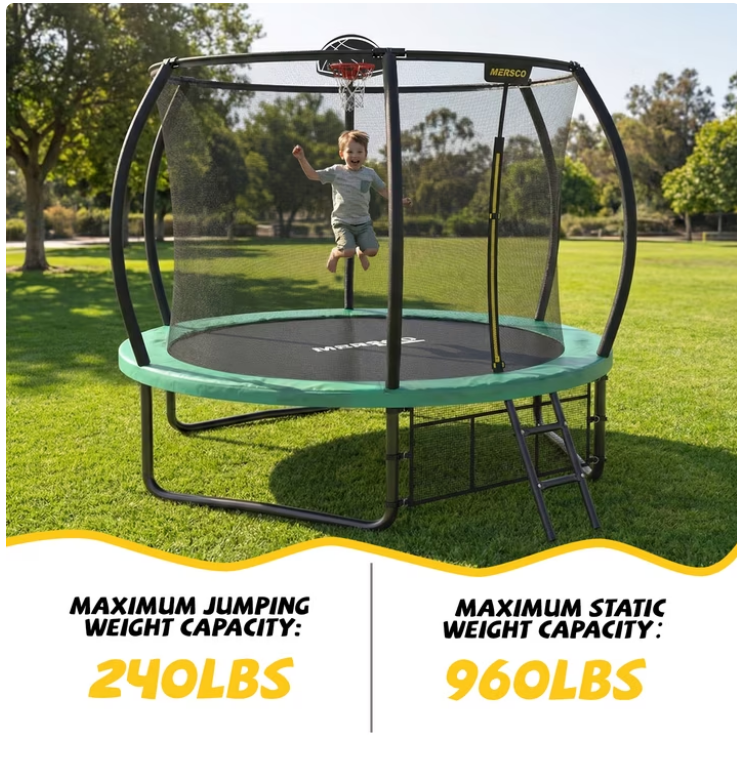 Mersco 10ft Pumpkin Trampoline for Kids , Pumpkin Shape Outdoor Trampoline with Basketball Hoop, Enclosure Net ,Ladder ,Jumping Trampoline SPACE for Backyard and Home Play,Green