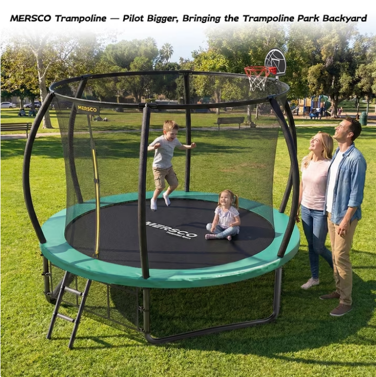 Mersco 10ft Pumpkin Trampoline for Kids , Pumpkin Shape Outdoor Trampoline with Basketball Hoop, Enclosure Net ,Ladder ,Jumping Trampoline SPACE for Backyard and Home Play,Green
