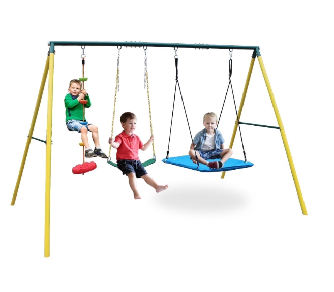 Mersco Metal Swing Sets for Backyard for Kids 3-8, 3 in 1 Swing Sets for Outside, Heavy-Duty Playground Backyard Set with Two Swings, One Rope