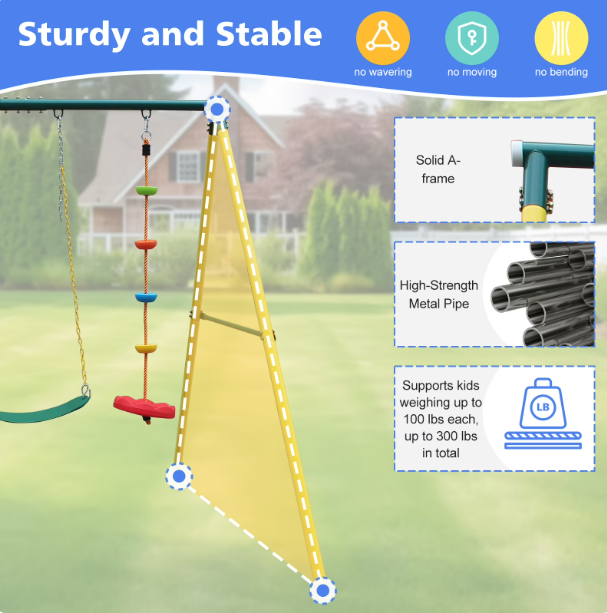 Mersco Metal Swing Sets for Backyard for Kids 3-8, 3 in 1 Swing Sets for Outside, Heavy-Duty Playground Backyard Set with Two Swings, One Rope