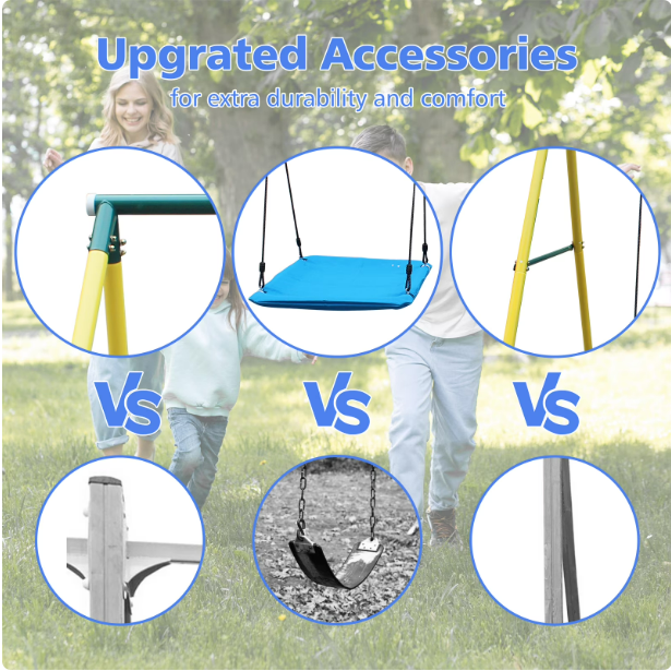 Mersco Metal Swing Sets for Backyard for Kids 3-8, 3 in 1 Swing Sets for Outside, Heavy-Duty Playground Backyard Set with Two Swings, One Rope
