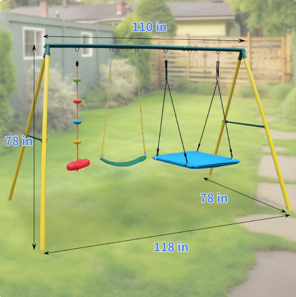 Mersco Metal Swing Sets for Backyard for Kids 3-8, 3 in 1 Swing Sets for Outside, Heavy-Duty Playground Backyard Set with Two Swings, One Rope