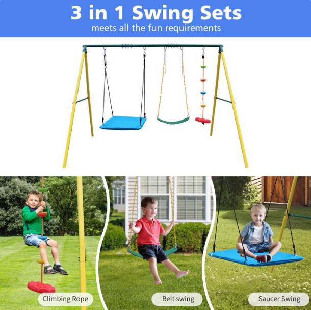 Mersco Metal Swing Sets for Backyard for Kids 3-8, 3 in 1 Swing Sets for Outside, Heavy-Duty Playground Backyard Set with Two Swings, One Rope