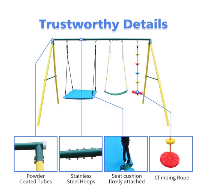 Mersco Metal Swing Sets for Backyard for Kids 3-8, 3 in 1 Swing Sets for Outside, Heavy-Duty Playground Backyard Set with Two Swings, One Rope