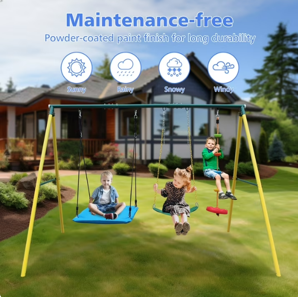 Mersco Metal Swing Sets for Backyard for Kids 3-8, 3 in 1 Swing Sets for Outside, Heavy-Duty Playground Backyard Set with Two Swings, One Rope