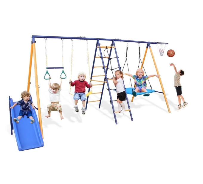 Mersco 7 in 1 Metal Swing Sets for Outside Backyard, Outdoor A-Frame Heavy-Duty Playground Sets for Backyards with Slide, 2 Swing Seats, 1 Climbing Net and Ladder, 1 Gym Ring, 1 Basket