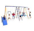 Mersco 7 in 1 Metal Swing Sets for Outside Backyard, Outdoor A-Frame Heavy-Duty Playground Sets for Backyards with Slide, 2 Swing Seats, 1 Climbing Net and Ladder, 1 Gym Ring, 1 Basket