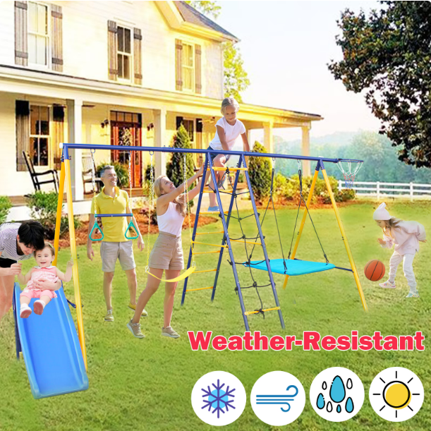 Mersco 7 in 1 Metal Swing Sets for Outside Backyard, Outdoor A-Frame Heavy-Duty Playground Sets for Backyards with Slide, 2 Swing Seats, 1 Climbing Net and Ladder, 1 Gym Ring, 1 Basket