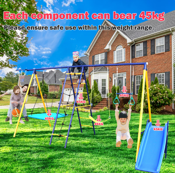 Mersco 7 in 1 Metal Swing Sets for Outside Backyard, Outdoor A-Frame Heavy-Duty Playground Sets for Backyards with Slide, 2 Swing Seats, 1 Climbing Net and Ladder, 1 Gym Ring, 1 Basket
