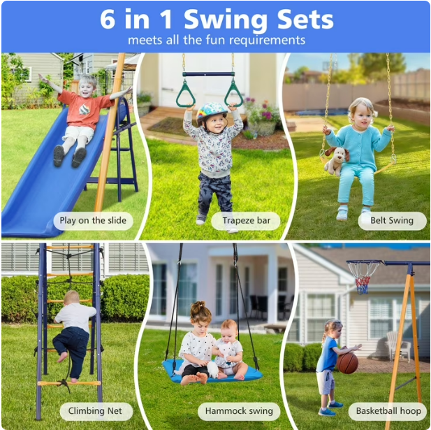 Mersco 7 in 1 Metal Swing Sets for Outside Backyard, Outdoor A-Frame Heavy-Duty Playground Sets for Backyards with Slide, 2 Swing Seats, 1 Climbing Net and Ladder, 1 Gym Ring, 1 Basket