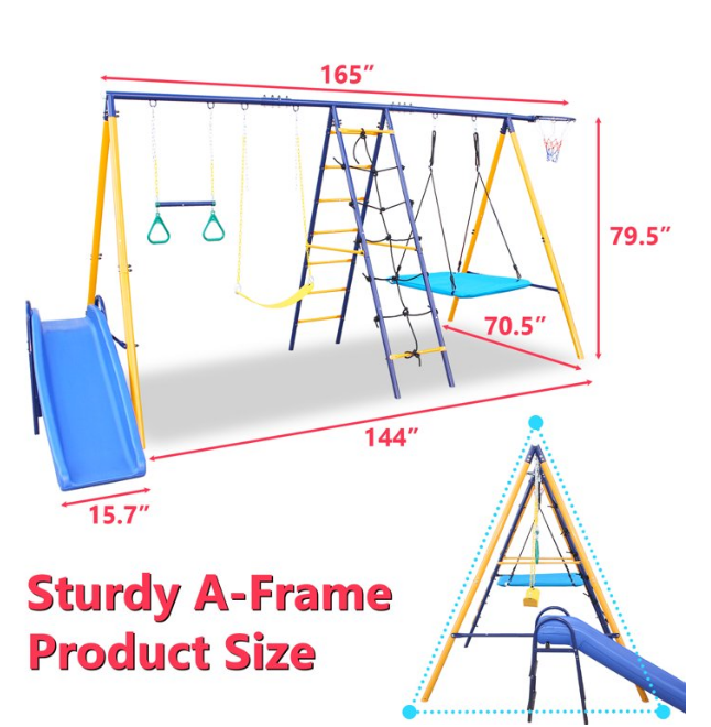 Mersco 7 in 1 Metal Swing Sets for Outside Backyard, Outdoor A-Frame Heavy-Duty Playground Sets for Backyards with Slide, 2 Swing Seats, 1 Climbing Net and Ladder, 1 Gym Ring, 1 Basket