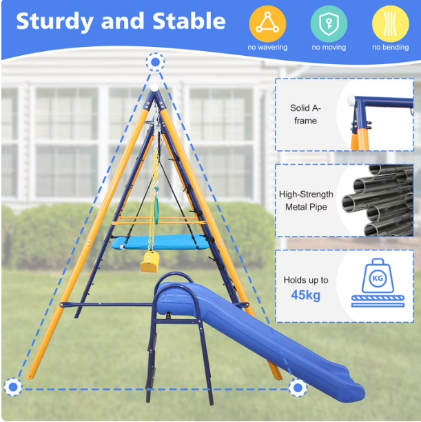 Mersco 7 in 1 Metal Swing Sets for Outside Backyard, Outdoor A-Frame Heavy-Duty Playground Sets for Backyards with Slide, 2 Swing Seats, 1 Climbing Net and Ladder, 1 Gym Ring, 1 Basket