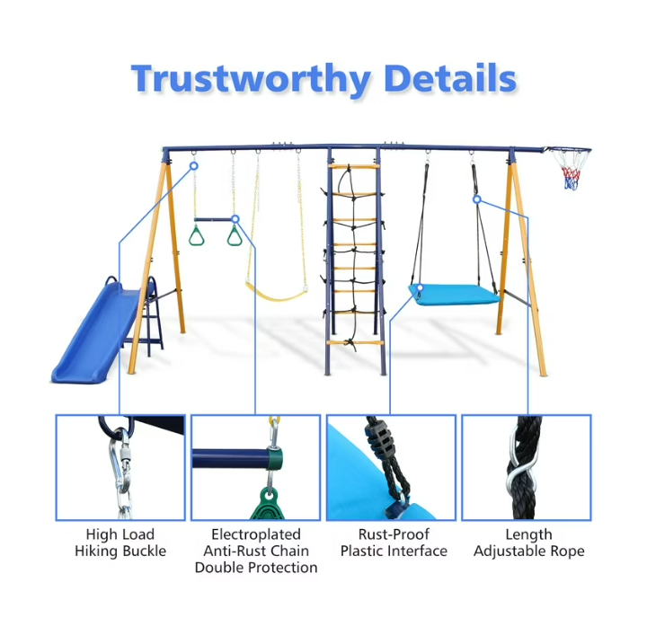 Mersco 7 in 1 Metal Swing Sets for Outside Backyard, Outdoor A-Frame Heavy-Duty Playground Sets for Backyards with Slide, 2 Swing Seats, 1 Climbing Net and Ladder, 1 Gym Ring, 1 Basket