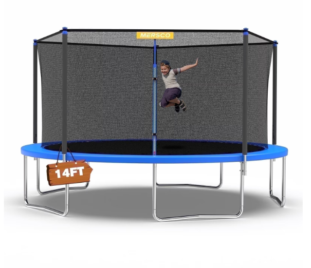 Mersco 14ft Trampoline PLAY Heavy Duty Outdoor Trampoline for Kids and Adults, Backyard Trampoline with Enclosure Net for Family Fun,Jumping Trampoline for Boys and Girls Birthday Gift ,Blue