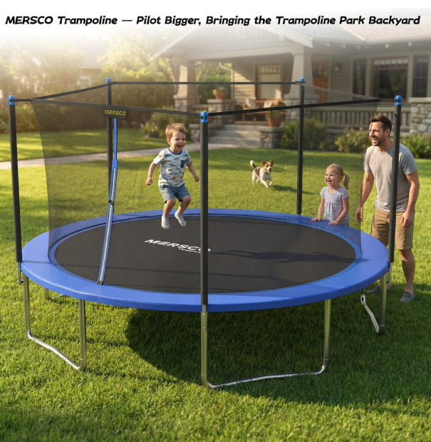 Mersco 14ft Trampoline PLAY Heavy Duty Outdoor Trampoline for Kids and Adults, Backyard Trampoline with Enclosure Net for Family Fun,Jumping Trampoline for Boys and Girls Birthday Gift ,Blue