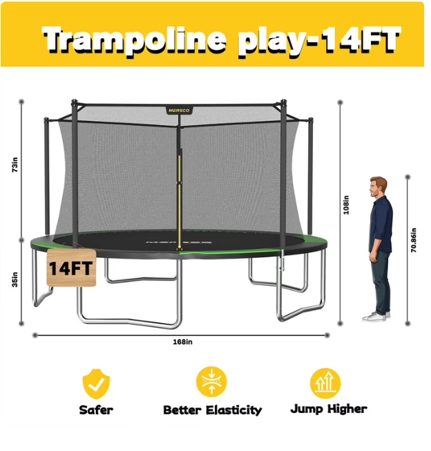 Mersco 14ft Trampoline PLAY Heavy Duty Outdoor Trampoline for Kids, Backyard Trampoline with Enclosure Net for Family Fun,Jumping Trampoline for Boys and Girls Birthday Gift,Green