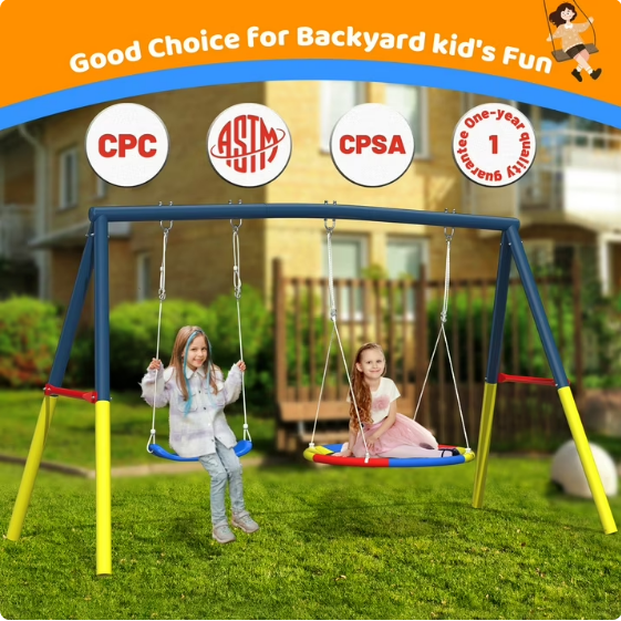 Mersco 2-in-1 Swing Set for Backyard with Stand, Swing Heavy Duty 440lbs Metal Outdoor Swing Stand, Contain 1 Saucer 32" and 1 Belt Seat 26.2" for Playground, Backyard Playset