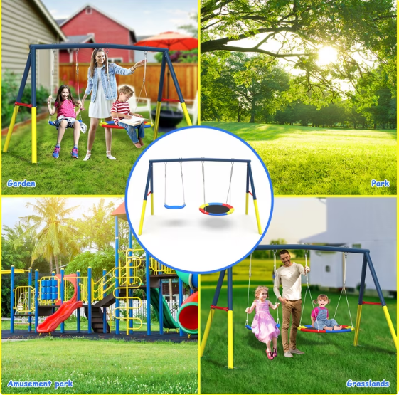 Mersco 2-in-1 Swing Set for Backyard with Stand, Swing Heavy Duty 440lbs Metal Outdoor Swing Stand, Contain 1 Saucer 32" and 1 Belt Seat 26.2" for Playground, Backyard Playset