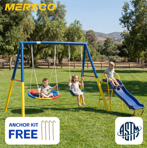 Mersco 3-in-1 Swing Set for Backyard with Slide , Heavy Duty 550lbs Metal Outdoor Swing Stand, Contain 1 Saucer 32" and 1 Belt Seat 26.2" ,Slide for Playground, Backyard Playset
