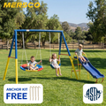Mersco 3-in-1 Swing Set for Backyard with Slide , Heavy Duty 550lbs Metal Outdoor Swing Stand, Contain 1 Saucer 32" and 1 Belt Seat 26.2" ,Slide for Playground, Backyard Playset